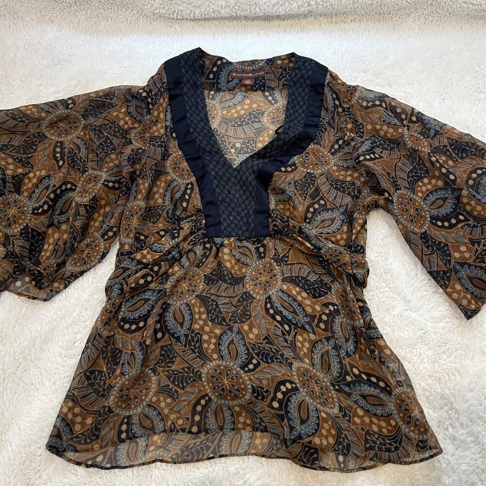 VTG Bandolino Womens Y2K Sz 14 Peasant Top Brown Blue Paisley Floral V NeckSheer - Picture 1 of 6